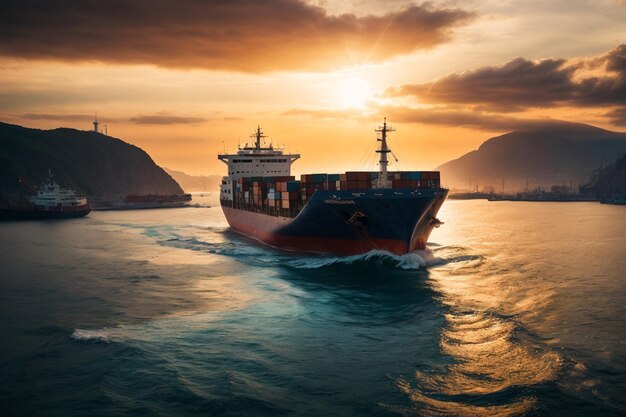 vista aerea di una nave cargo e di un container cargo in porto