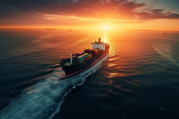 Vista aerea di una nave da carico con un container in mare al tramonto