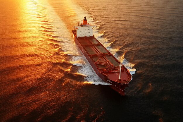 Vista aerea di una nave da carico con un container in mare al tramonto