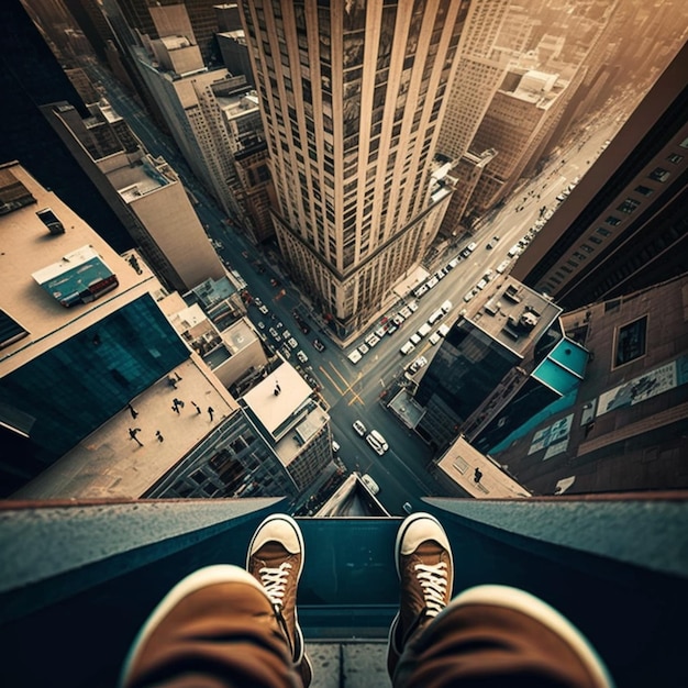 vista aerea di una persona in piedi su una sporgenza in una città ai generativa