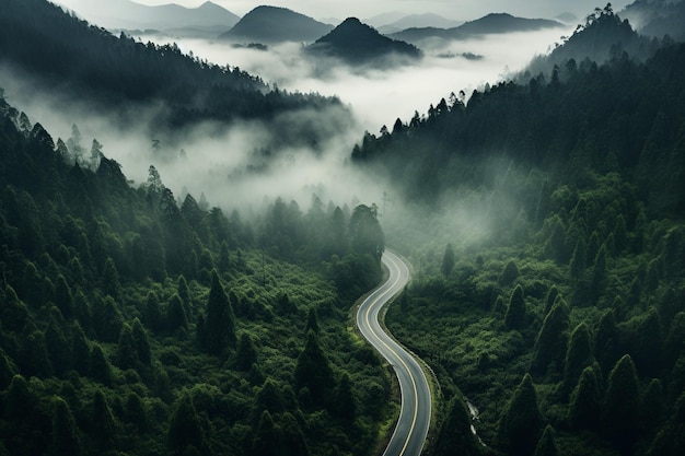 Vista aerea di una remota strada forestale e nebbia