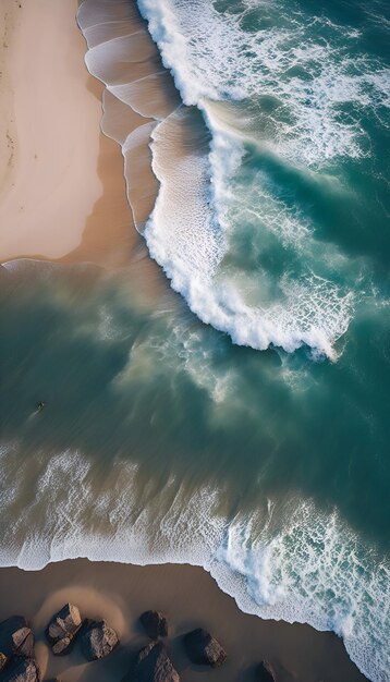 Vista aerea di una spiaggia con le onde che si schiantano sulla sabbia