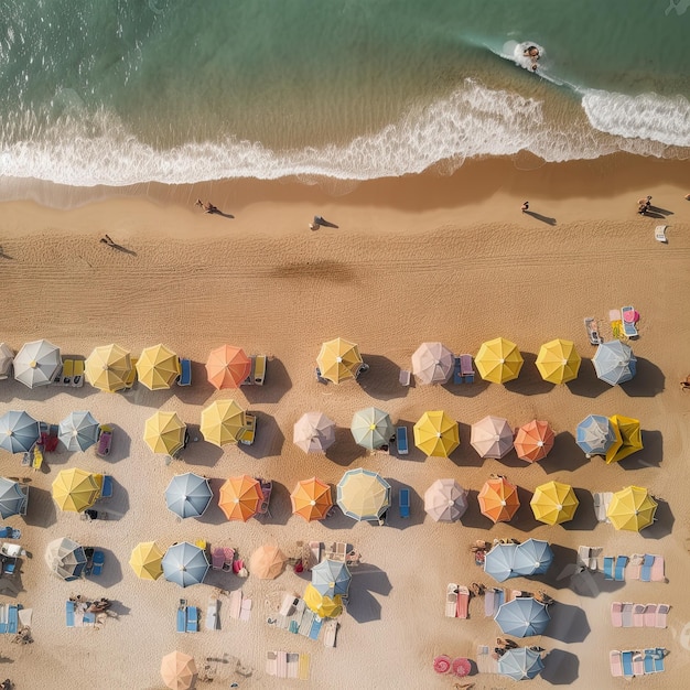 Vista aerea di una spiaggia in estate piena di ombrelloni e gente che fa il bagno