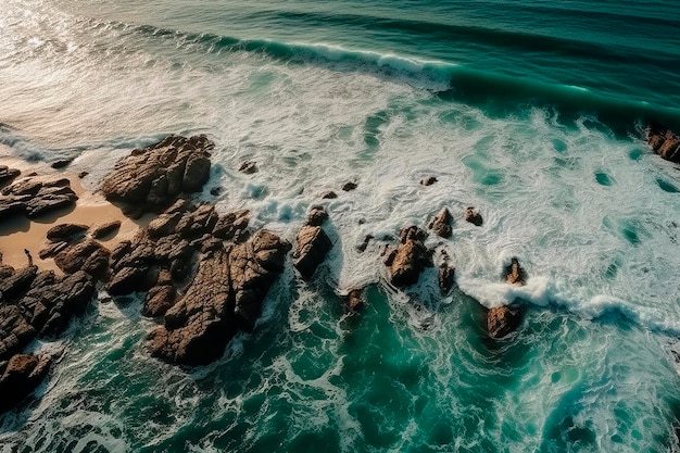 Vista aerea di una spiaggia rocciosa con onde che si infrangono sulla riva