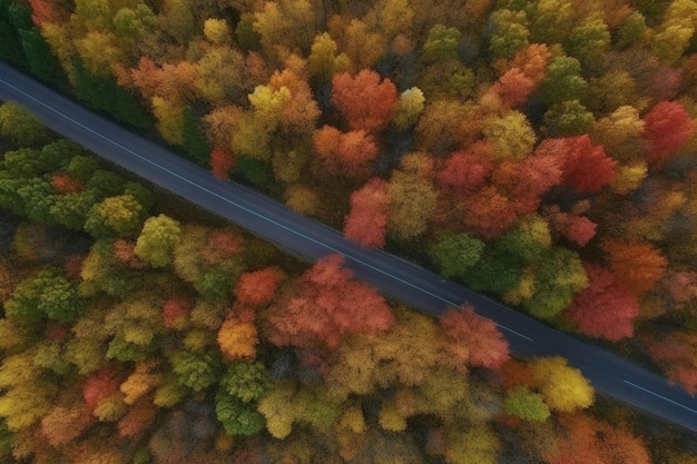 Vista aerea di una strada attraverso la foresta con alberi colorati.