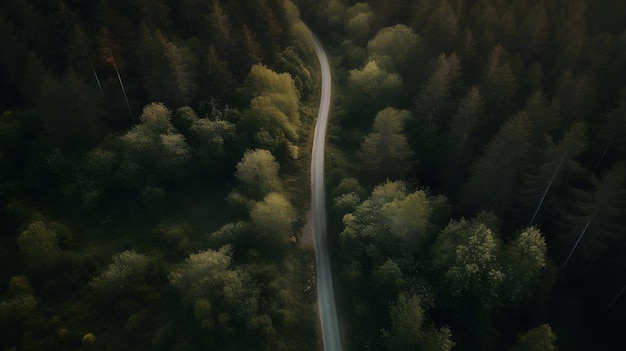 Vista aerea di una strada attraverso la foresta verde