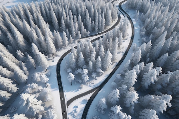 Vista aerea di una strada attraverso un paesaggio forestale coperto di neve nell'estremo nord del Canada generata dall'AI