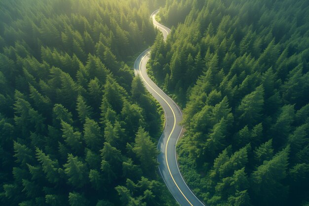 Vista aerea di una strada che si snoda attraverso una foresta sempreverde gestita