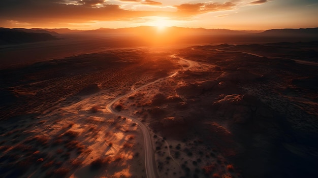 Vista aerea di una strada in montagna al tramonto