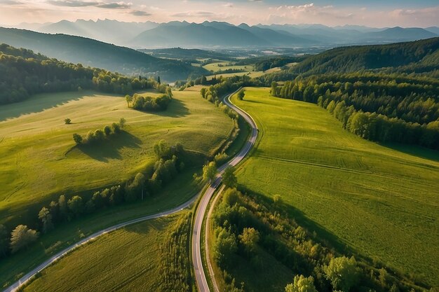 Vista aerea di una strada in prati verdi in un giorno d'estate soleggiato