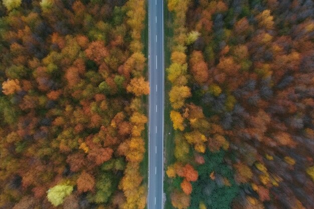 Vista aerea di una strada nella foresta autunnale.
