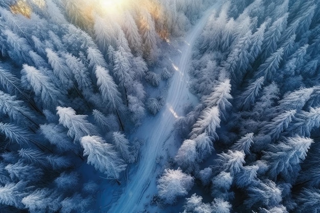 Vista aerea di una strada nella neve IA generativa