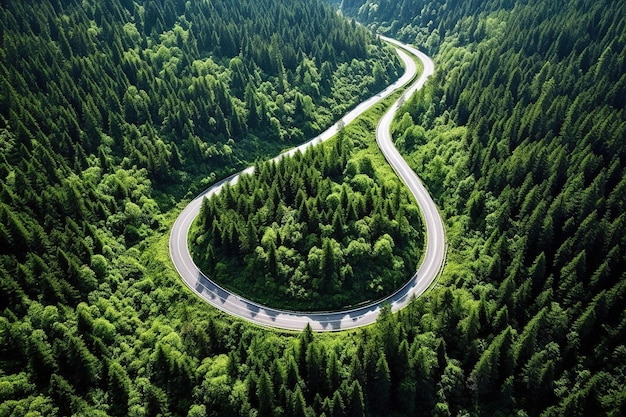 Vista aerea di una strada tortuosa circondata da una fitta foresta che crea una scena accattivante e affascinante