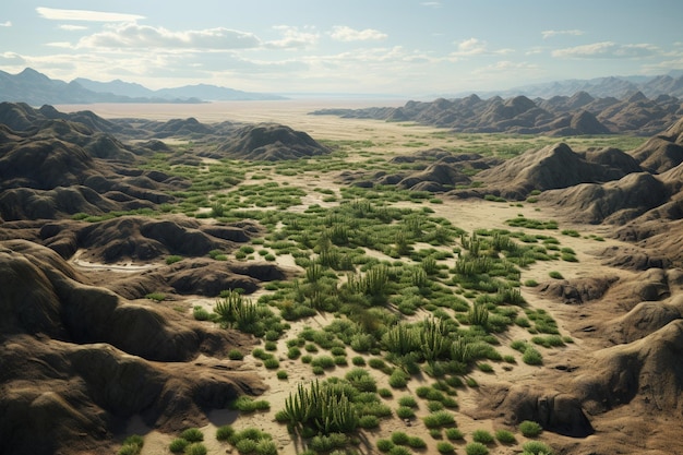 Vista aerea di una valle deserta piena di cactus Generative ai