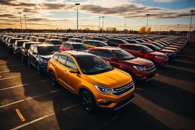 Vista aerea di una vivace concessionaria di automobili catturata da un fotografo professionista