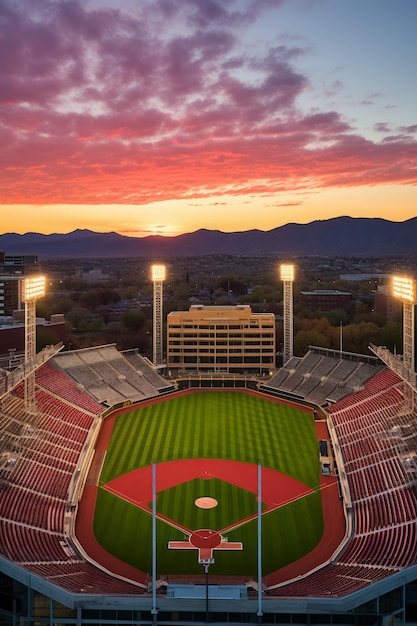 Vista aerea di uno stadio di baseball al tramonto