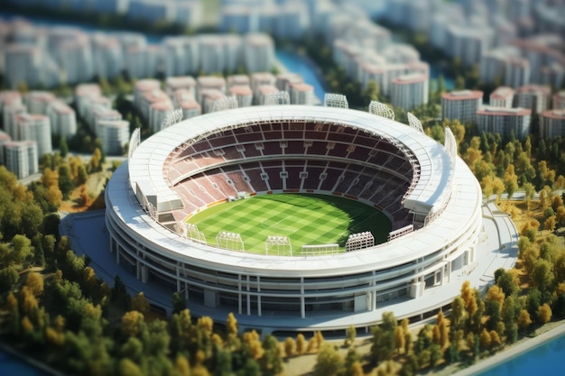 Vista aerea di uno stadio di calcio con posti a sedere e un campo circondato da alberi e paesaggio urbano