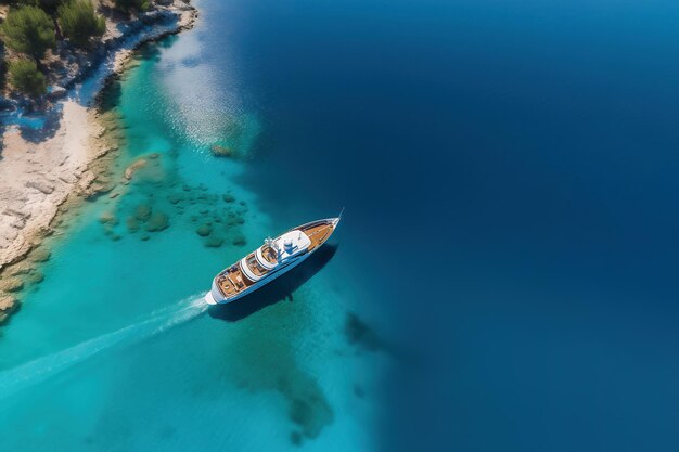 Vista aerea di uno yacht di lusso nell'oceano turchese o in mare viaggi estivi ai generati