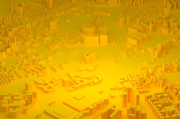 Vista aerea gialla degli edifici della città 3d che rende il fondo giallo della mappa