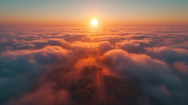 Vista aerea mozzafiato di un'alba sopra le nuvole con alberi