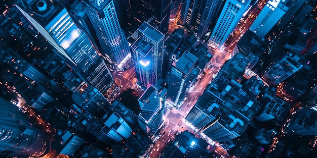 Vista aerea notturna di un paesaggio urbano vivace con strade illuminate e grattacieli fotografia urbana vibrante perfetta per sfondi e carte da parati AI