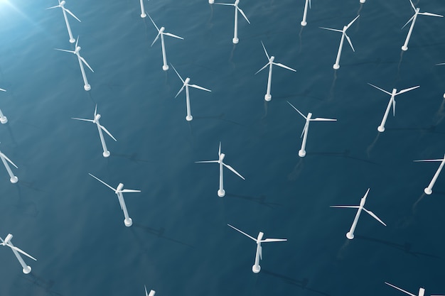Vista aerea offshore delle turbine eoliche nel mare. Energia pulita, concetto ecologico. Rendering 3d