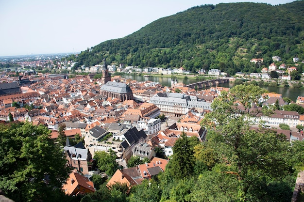 Vista aerea paesaggio e paesaggio urbano di Heidelberg altstadt o città vecchia dal castello di Heidelberg o Heidelberger Schloss per le persone che viaggiano e visitano a Heidelberg nel BadenWürttemberg Germania