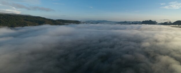 Vista aerea Panorama delle onde di nebbia fluenti sulla foresta pluviale tropicale di montagna