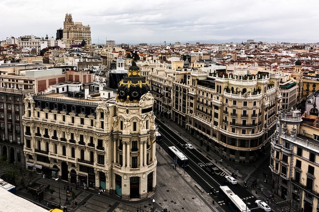 Vista aerea panoramica di Gran Via, Madrid, capitale della Spagna, Europa