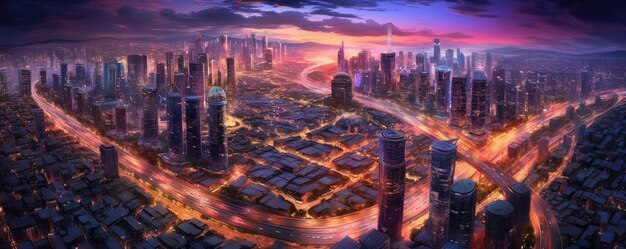 Vista aerea panoramica di una vivace città al crepuscolo con panorama scintillante delle luci della città