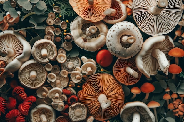 Vista aerea piatta di diverse varietà di funghi e funghi