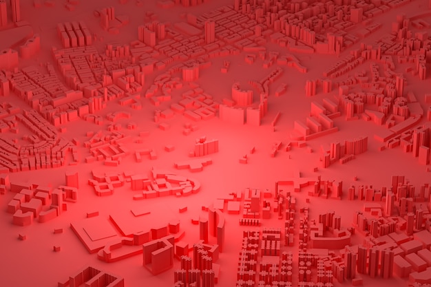 Vista aerea rossa degli edifici della città 3d che rende il fondo rosso della mappa