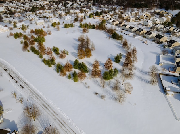 Vista aerea sopra i giardini delle case residenziali della città privata