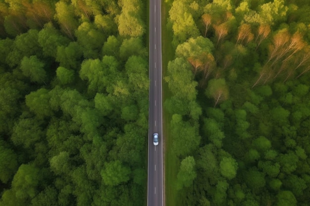 Vista aerea strada e foresta Strada che attraversa la foresta con vista dell'auto dall'alto IA generativa