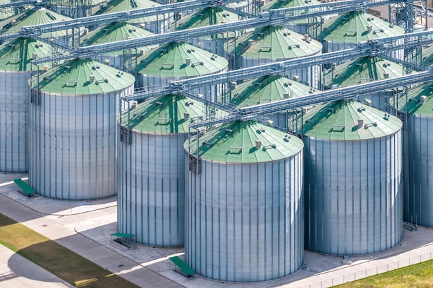 Vista aerea su file di agro silos ascensore per granaio con linea di pulizia dei semi su impianto di produzione di agroprocessing per la lavorazione, asciugatura e stoccaggio di prodotti agricoli