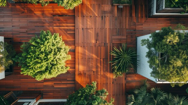 Vista aerea su un patio di legno con piante verdi