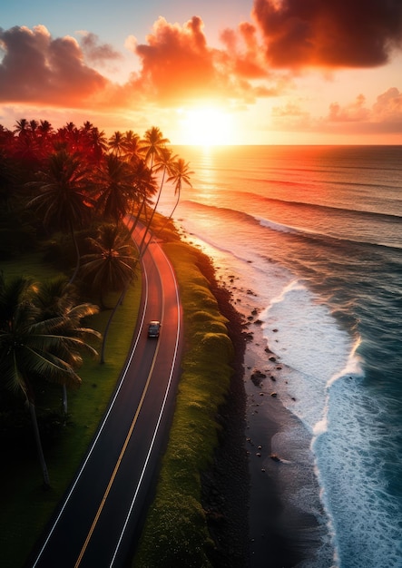 Vista aerea sulla strada con auto rossa con tramonto sul mare e palme Concetto di viaggio estivo Carta da parati