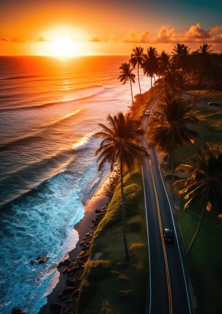 Vista aerea sulla strada con auto rossa con tramonto sul mare e palme Concetto di viaggio estivo Carta da parati