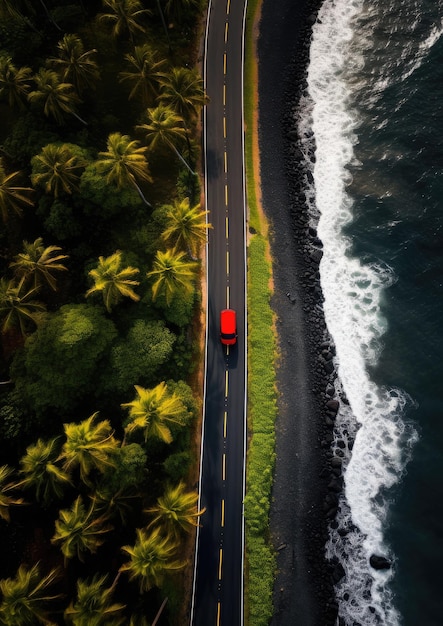 Vista aerea sulla strada con auto rossa, mare e palme Concetto di viaggio estivo Carta da parati