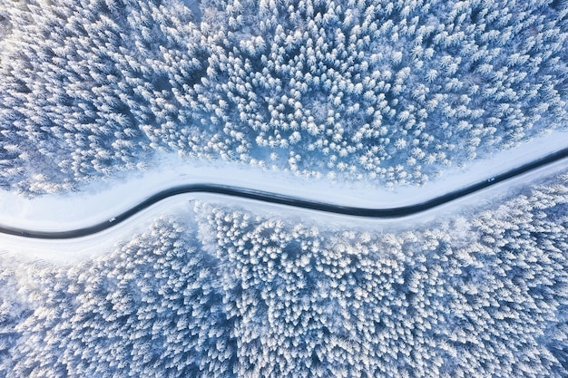 Vista aerea sulla strada e sulla foresta in inverno Paesaggio invernale naturale dall'aria Foresta sotto la neve e in inverno Paesaggio da drone
