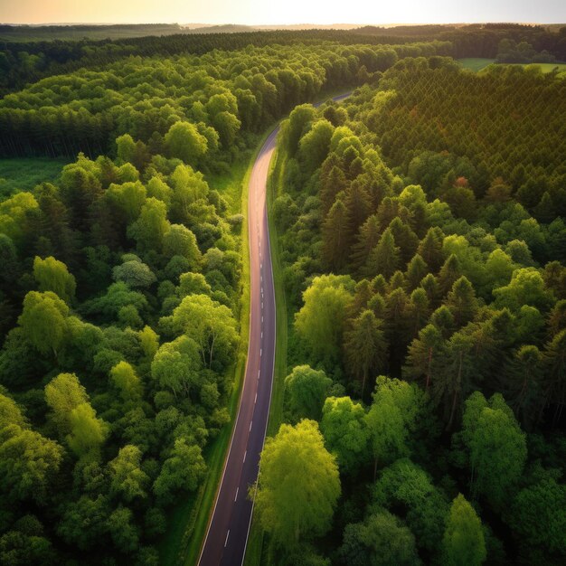 Vista aerea superiore del drone su una foresta verde e sana con strada curva e auto rossa Generative Ai