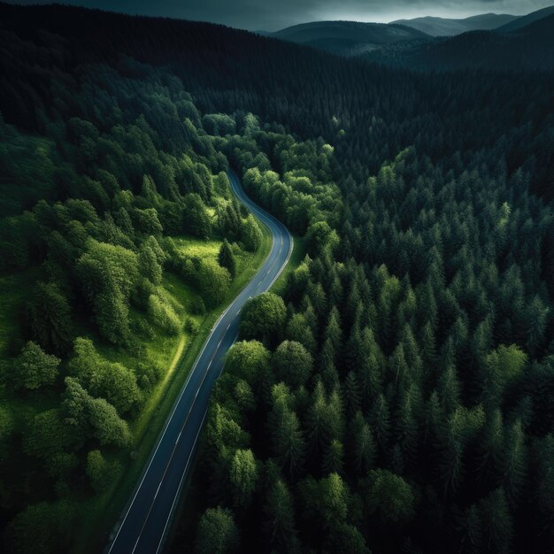 Vista aerea superiore del drone su una foresta verde e sana con strada curva e auto rossa Generative Ai