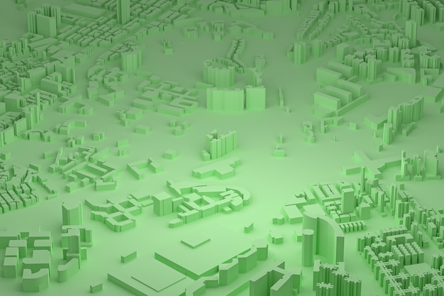 Vista aerea verde degli edifici della città 3d che rende il fondo della mappa verde