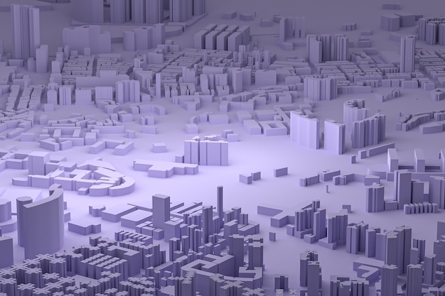 Vista aerea viola degli edifici della città 3d rendering sfondo mappa viola