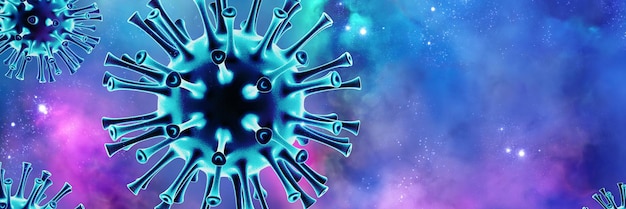 Vista al microscopio delle cellule del virus dell'influenza Illustrazione medica 3D