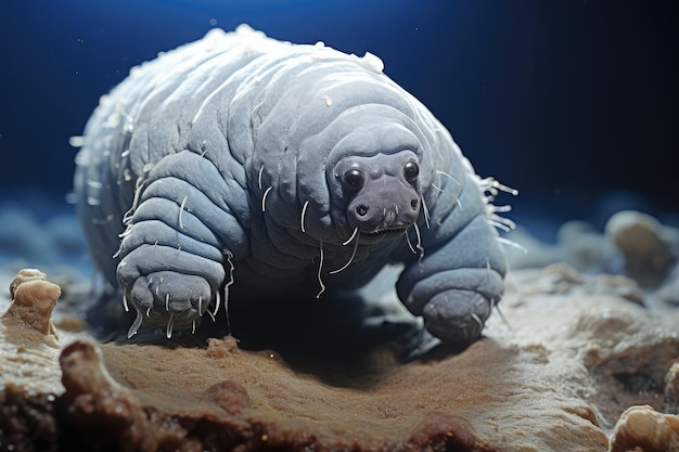 Vista al microscopio di un tardigrado e di alcuni batteri in primo piano IA generativa