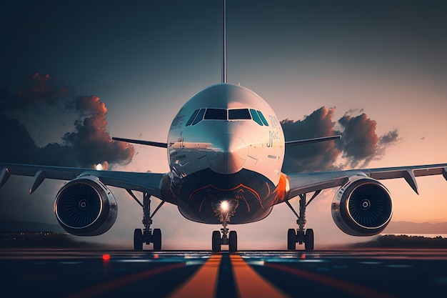 Vista al tramonto dell'aereo sulla pista dell'aeroporto sotto il cielo spettacolare Rete neurale generata dall'intelligenza artificiale