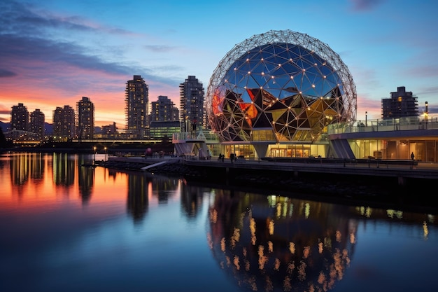 Vista al tramonto dell'architettura moderna a Rotterdam Paesi Bassi Science World a Vancouver Canada AI Generato