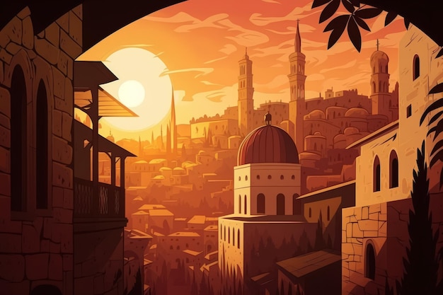 Vista al tramonto della città vecchia di Gerusalemme Israele