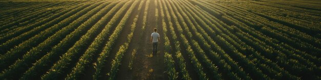 Vista al tramonto di un campo di mais con un contadino in piedi al centro presa dal cielo